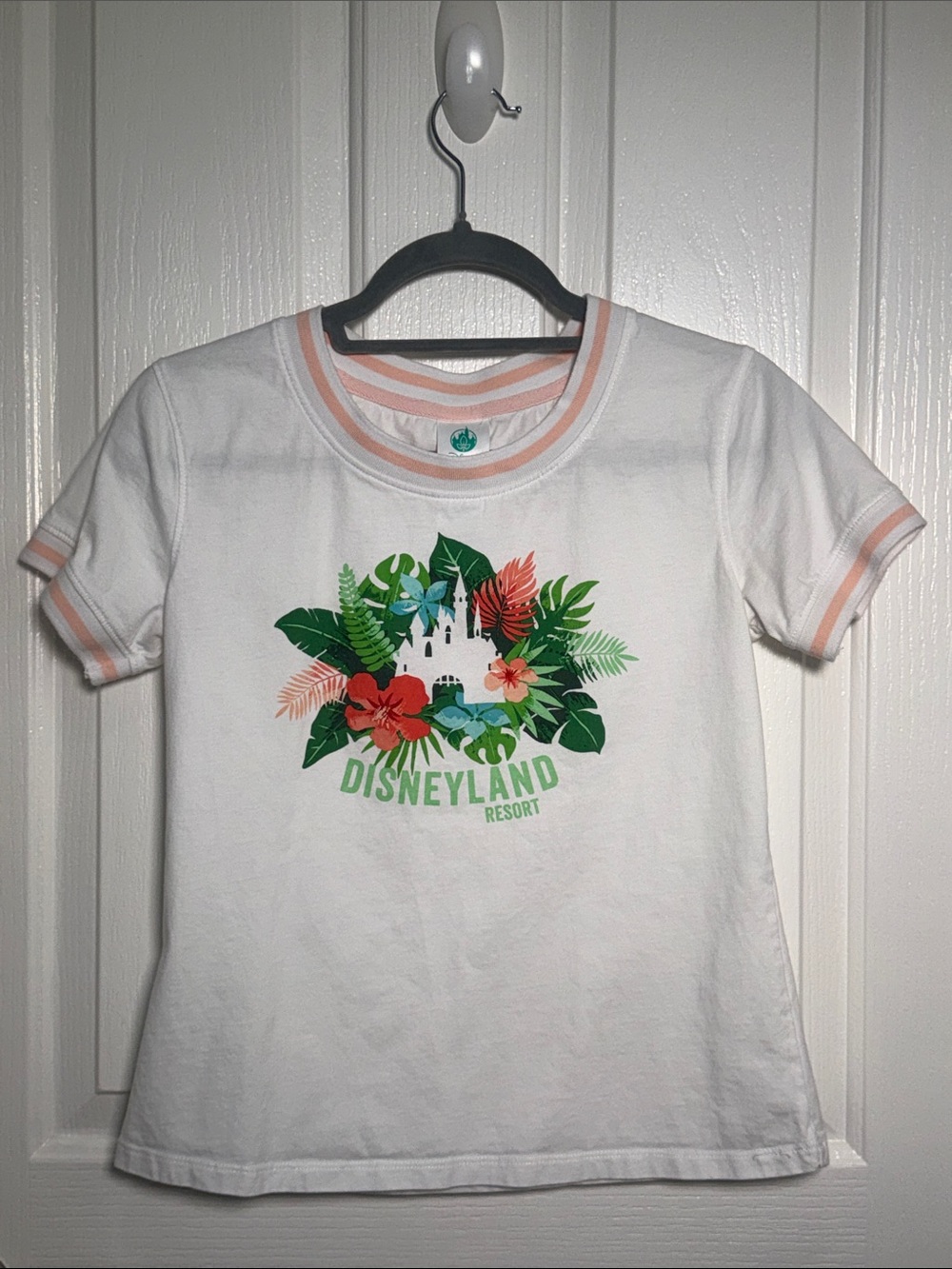 Authentic Disneyland Resort White Tee with Pink Trim & Tropical Castle Print - S
